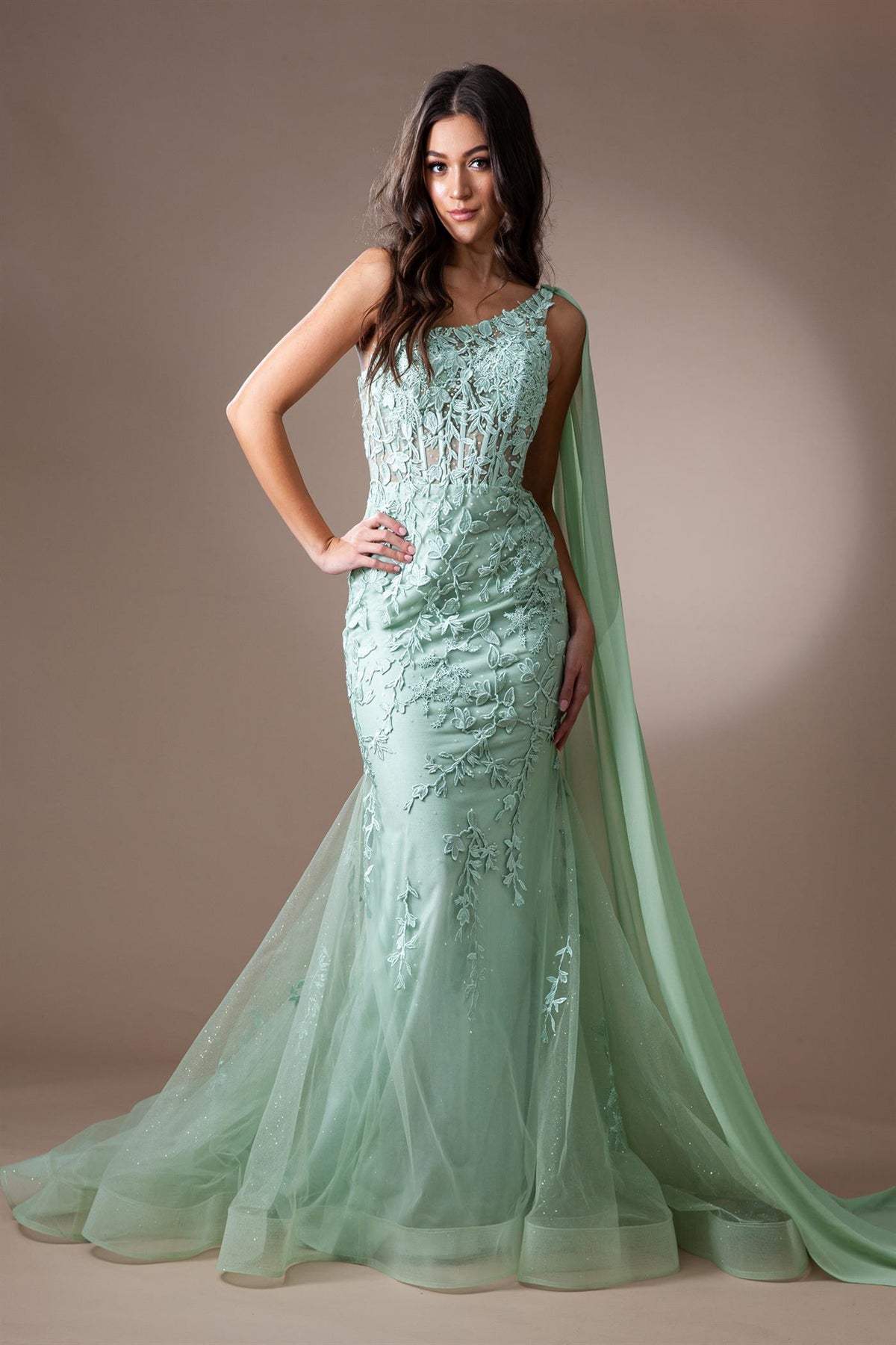 One-Shoulder Sleeveless Lace Applique Cape Corset Mermaid Prom Dress by Amelia Couture 7048