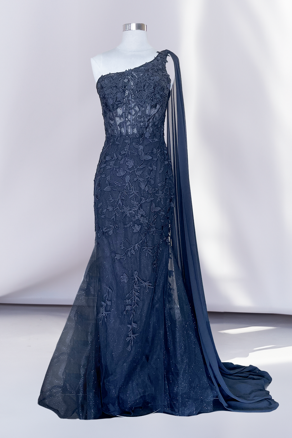 One-Shoulder Sleeveless Lace Applique Cape Corset Mermaid Prom Dress by Amelia Couture 7048