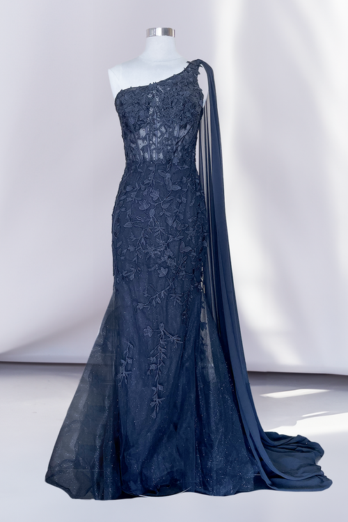 One-Shoulder Sleeveless Lace Applique Cape Corset Mermaid Prom Dress by Amelia Couture 7048