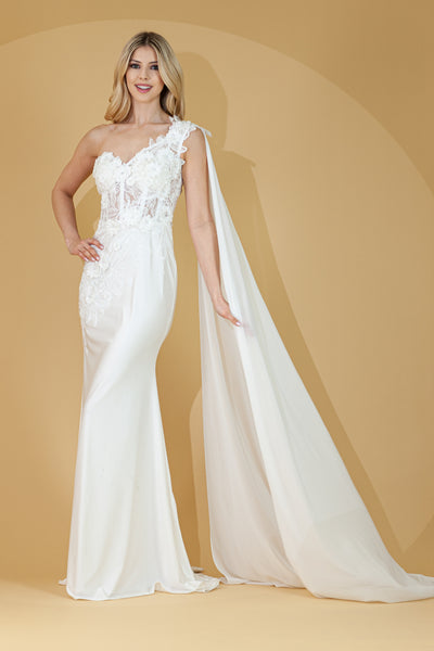 Elegant One-Shoulder Lace Wedding Dress with Chiffon Cape – Floral Appliqué Mermaid Bridal Gown by Amelia Couture 388