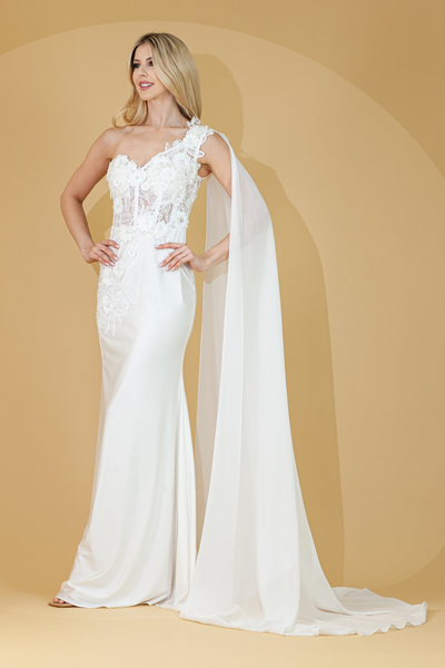 Elegant One-Shoulder Lace Wedding Dress with Chiffon Cape – Floral Appliqué Mermaid Bridal Gown by Amelia Couture 388