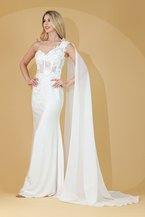 Elegant One-Shoulder Lace Wedding Dress with Chiffon Cape – Floral Appliqué Mermaid Bridal Gown by Amelia Couture 388