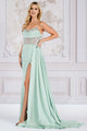 Strapless Beaded Bodice High Slit Evening Gown with Flowing Train By Amelia Couture TM1005