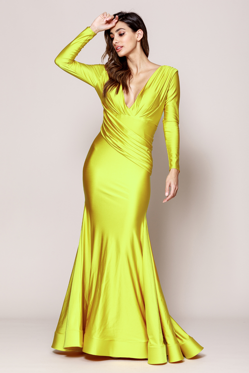 Long Sleeve Satin V-Neck Mother of the Bride Gown with Ruffle Hem Train by Amelia Couture 381