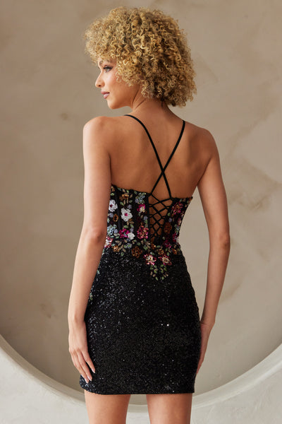 Sequin Floral Embroidered Corset Mini Dress with Lace-Up Back By Amelia Couture 7054S