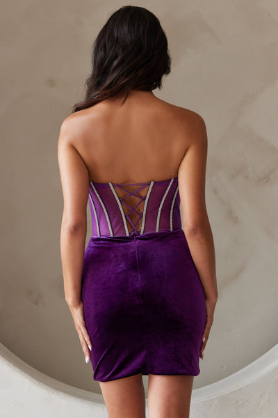 Strapless Sweetheart Rhinestone Velvet Sheer Corset Fitted Short Dress by Amelia Couture 5056S