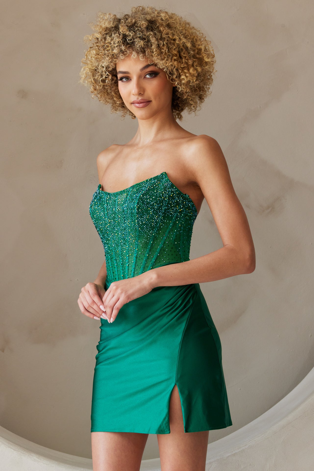 Clearance Emerald Green Size 8 Strapless Rhinestone Corset Short Dress by Amelia Couture 3021S
