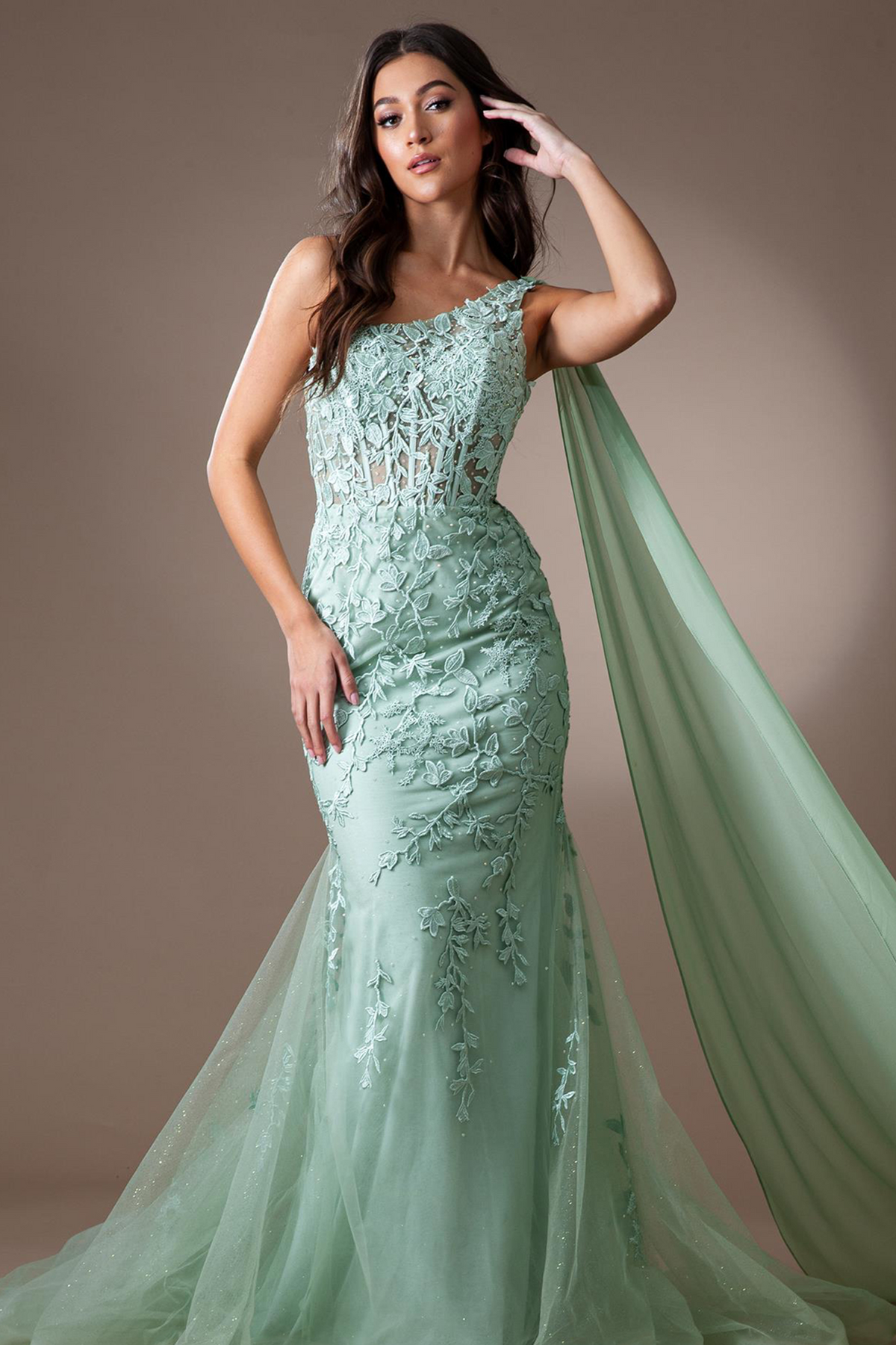 One-Shoulder Sleeveless Lace Applique Cape Corset Mermaid Prom Dress by Amelia Couture 7048