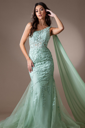 One-Shoulder Sleeveless Lace Applique Cape Corset Mermaid Prom Dress by Amelia Couture 7048