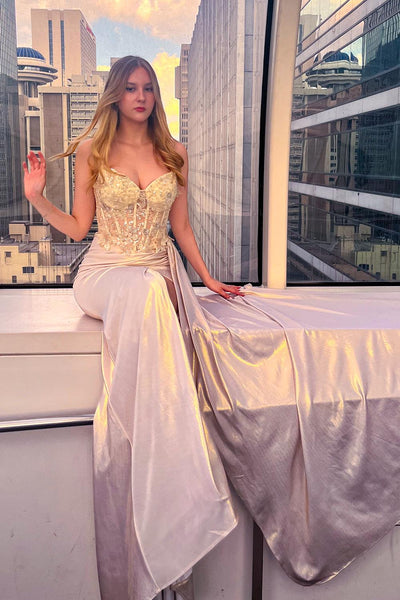 Strapless Lace Corset Evening Gown with High Slit & Open Back Formal Dress by Amelia Couture 2055