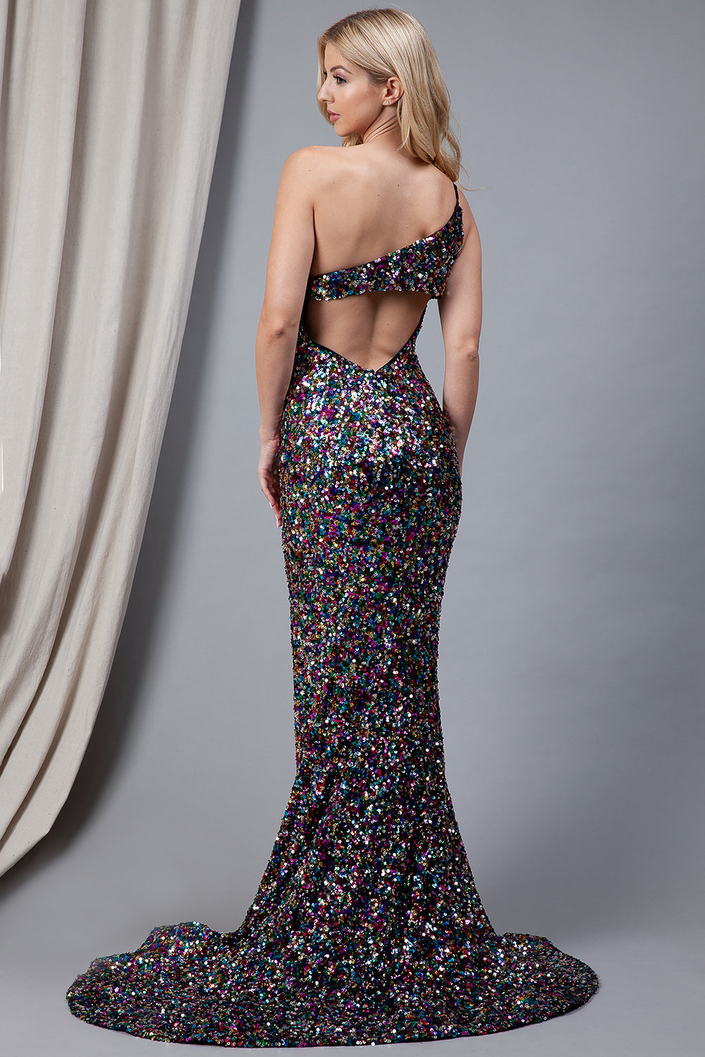 One-Shoulder Sequin Mermaid Dress with Side Slit & Open Back Evening Gown by Amelia Couture 7023