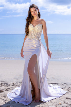 Strapless Lace Corset Wedding Dress with High Slit & Satin Skirt Dress by Amelia Couture 2055