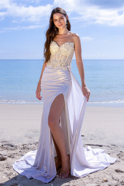 Strapless Lace Corset Evening Gown with High Slit & Open Back Formal Dress by Amelia Couture 2055