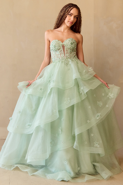Strapless Embellished Bodice Tiered Tulle A-Line Gown By Amelia Couture 4900