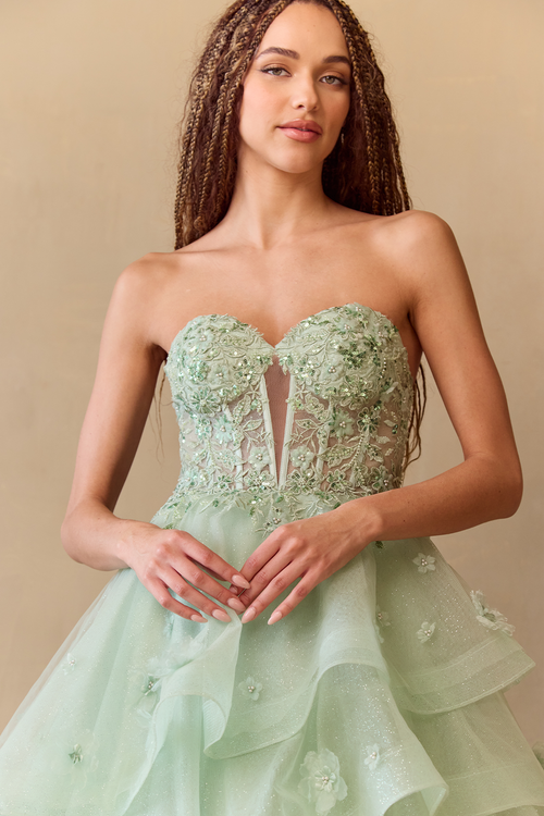 Strapless Embellished Bodice Tiered Tulle A-Line Gown By Amelia Couture 4900