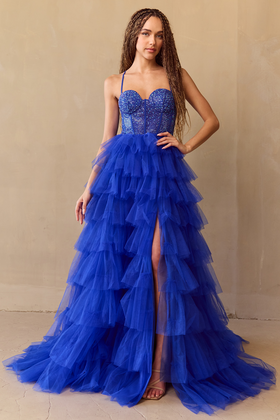 Sequin Beaded Corset Bodice Tiered Ruffle Tulle A-Line Gown Prom Dress by Amelia Couture 4048
