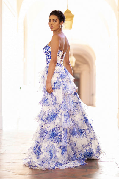 Strapless Ruffle A-line Tiered Gown with Corset Bodice and Lace-Up Back By Amelia Couture 2060