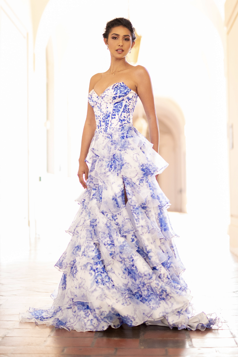 Strapless Ruffle A-line Tiered Gown with Corset Bodice and Lace-Up Back By Amelia Couture 2060