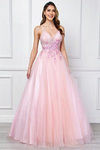 Floral Applique Glitter Tulle A-Line Dress with Pockets V-Neck Corset Back by Amelia Couture SU088