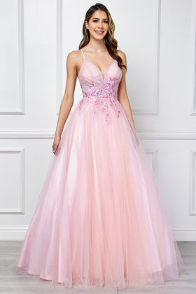 Floral Applique Glitter Tulle A-Line Dress with Pockets V-Neck Corset Back by Amelia Couture SU088