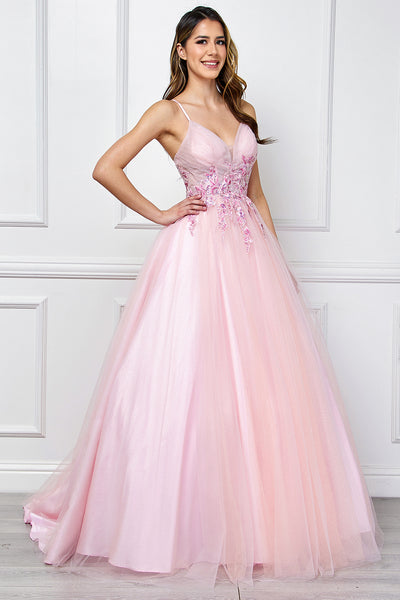 Floral Applique Glitter Tulle A-Line Dress with Pockets V-Neck Corset Back by Amelia Couture SU088