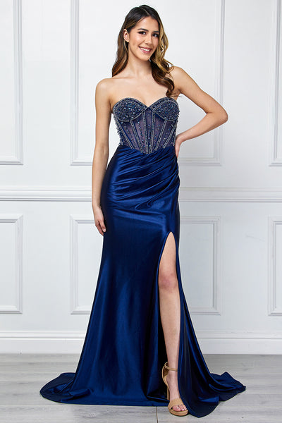 Strapless Satin Beaded Corset Prom Dress with High Slit By Amelia Couture 4049