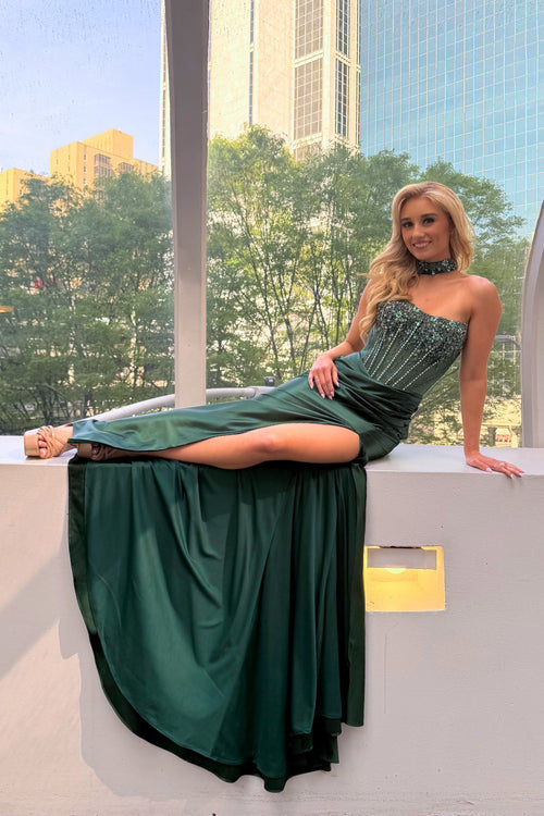 Strapless Beaded Corset Satin Gown with High Slit & Lace-Up Back By Amelia Couture 2131