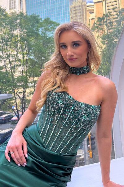 Strapless Beaded Corset Satin Gown with High Slit & Lace-Up Back By Amelia Couture 2131