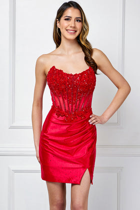 Clearance Red Size 10 Strapless Sequin Corset Mini Dress By Amelia Couture 9062S