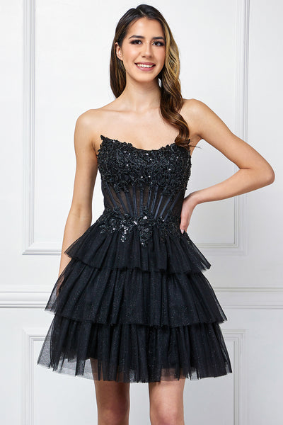 Strapless Tiered Tulle Short Cocktail Dress with Sequin Embellished Corset By Amelia Couture 9066S
