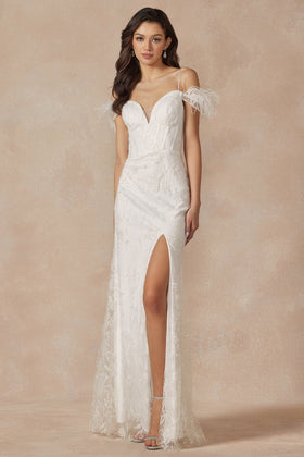 Juliet 2402W Off-Shoulder Glitter Sequin Sheath Dress with Sweetheart Neckline