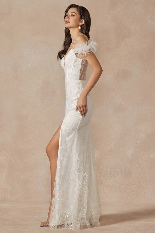 Juliet 2402W Off-Shoulder Glitter Sequin Sheath Dress with Sweetheart Neckline