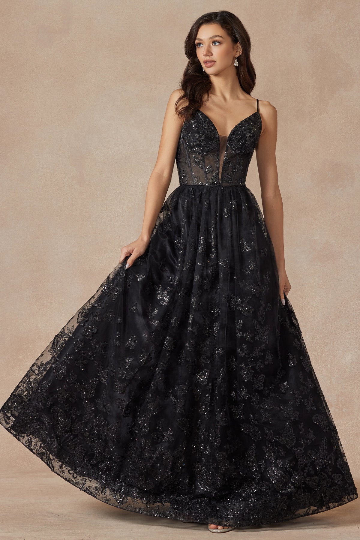 Sleeveless Glitter Butterfly Print Corset Gown by Juliet 2413