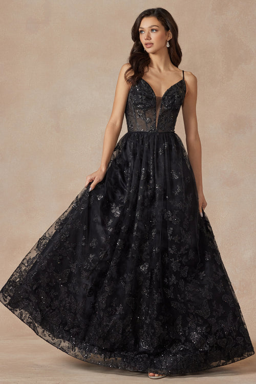 Sleeveless Glitter Butterfly Print Corset Gown by Juliet 2413