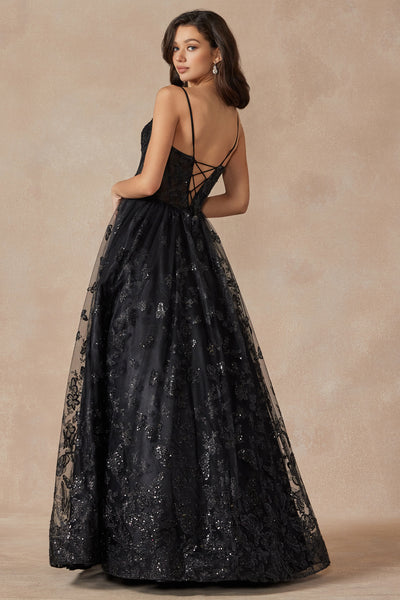 Sleeveless Glitter Butterfly Print Corset Gown by Juliet 2413