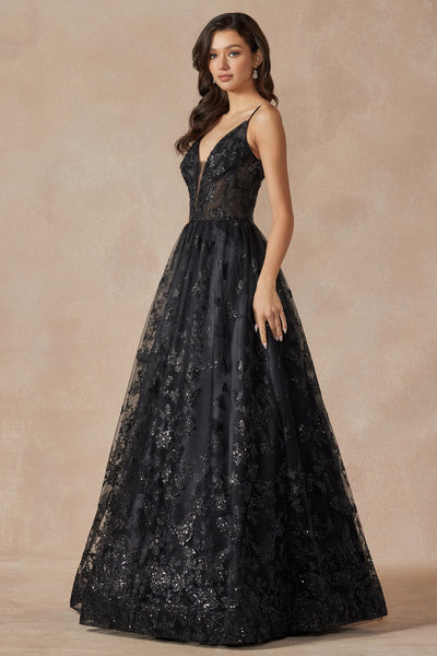 Sleeveless Glitter Butterfly Print Corset Gown by Juliet 2413