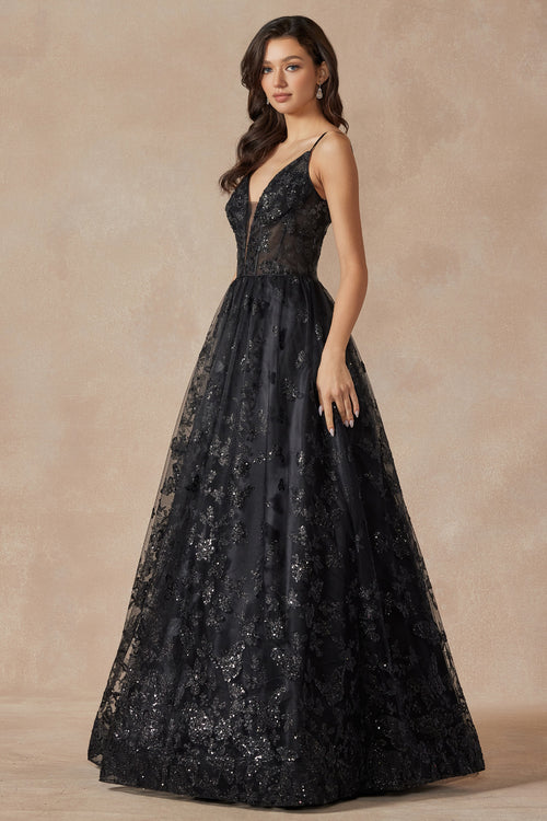 Sleeveless Glitter Butterfly Print Corset Gown by Juliet 2413