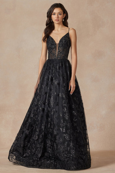 Sleeveless Glitter Butterfly Print Corset Gown by Juliet 2413