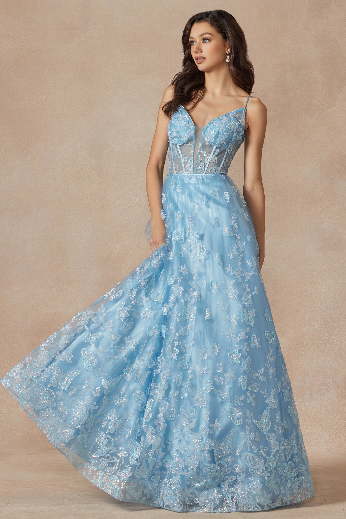 Sleeveless Glitter Butterfly Print Corset Gown by Juliet 2413