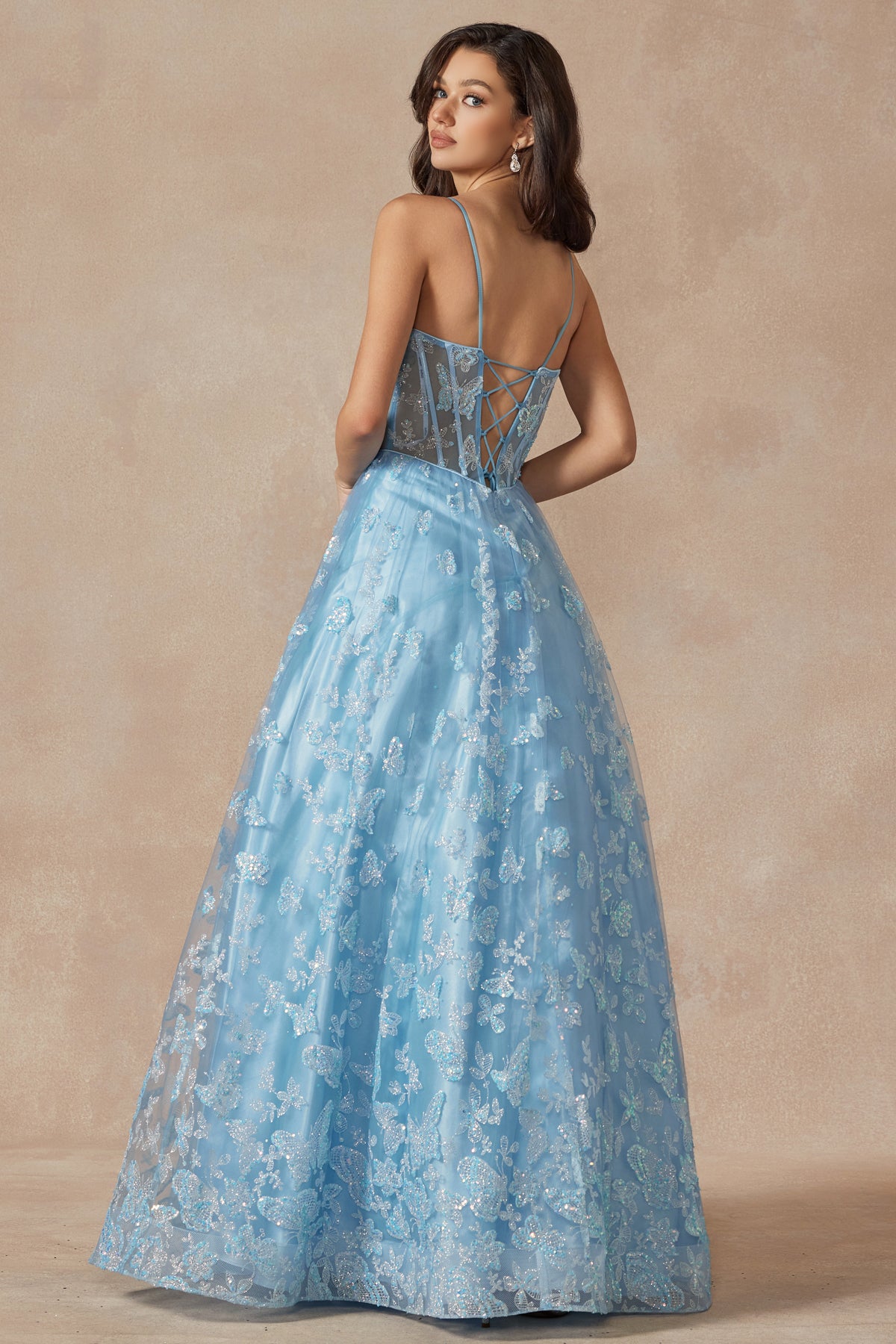 Sleeveless Glitter Butterfly Print Corset Gown by Juliet 2413