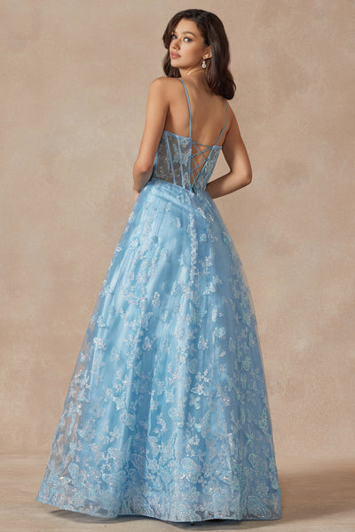 Sleeveless Glitter Butterfly Print Corset Gown by Juliet 2413