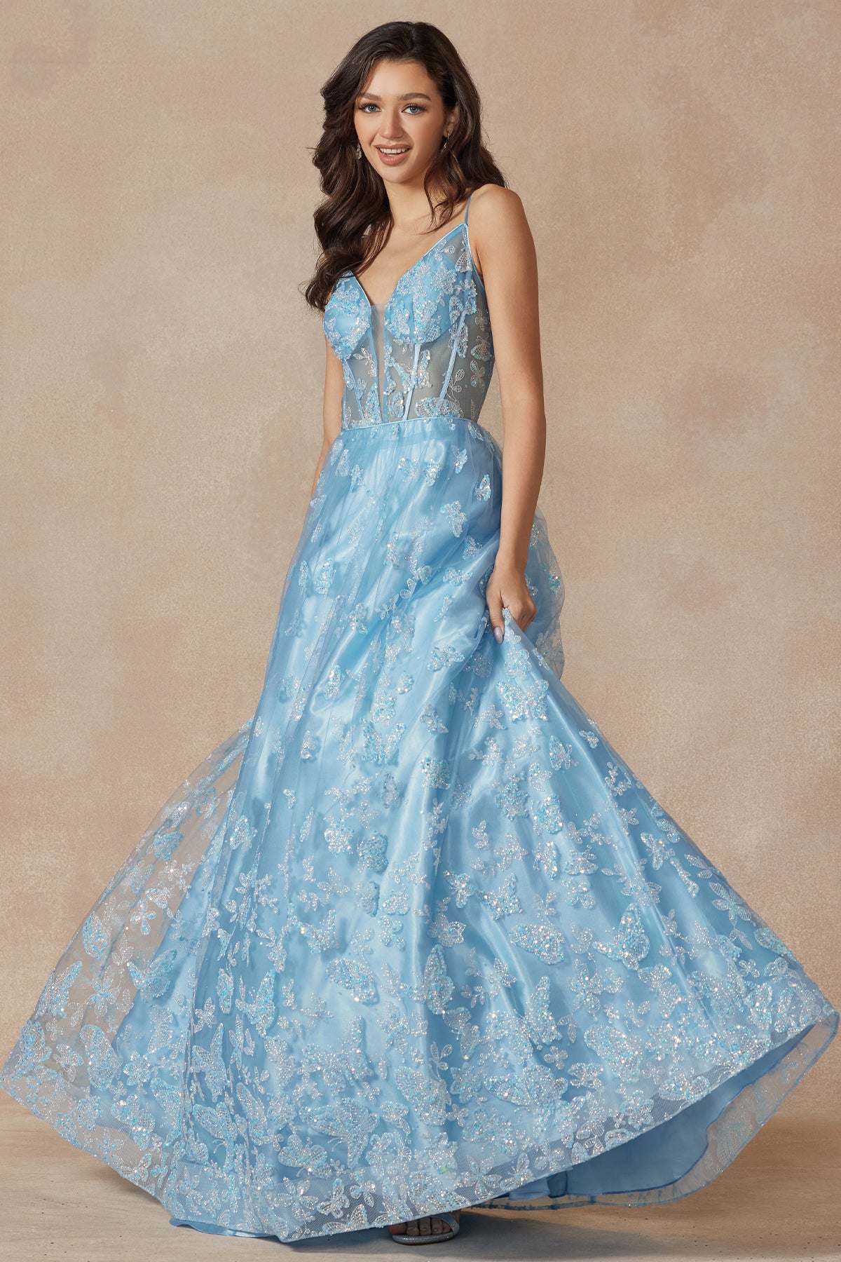 Sleeveless Glitter Butterfly Print Corset Gown by Juliet 2413