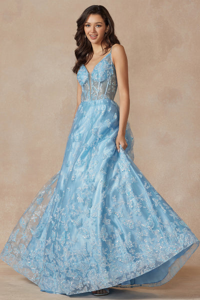 Sleeveless Glitter Butterfly Print Corset Gown by Juliet 2413