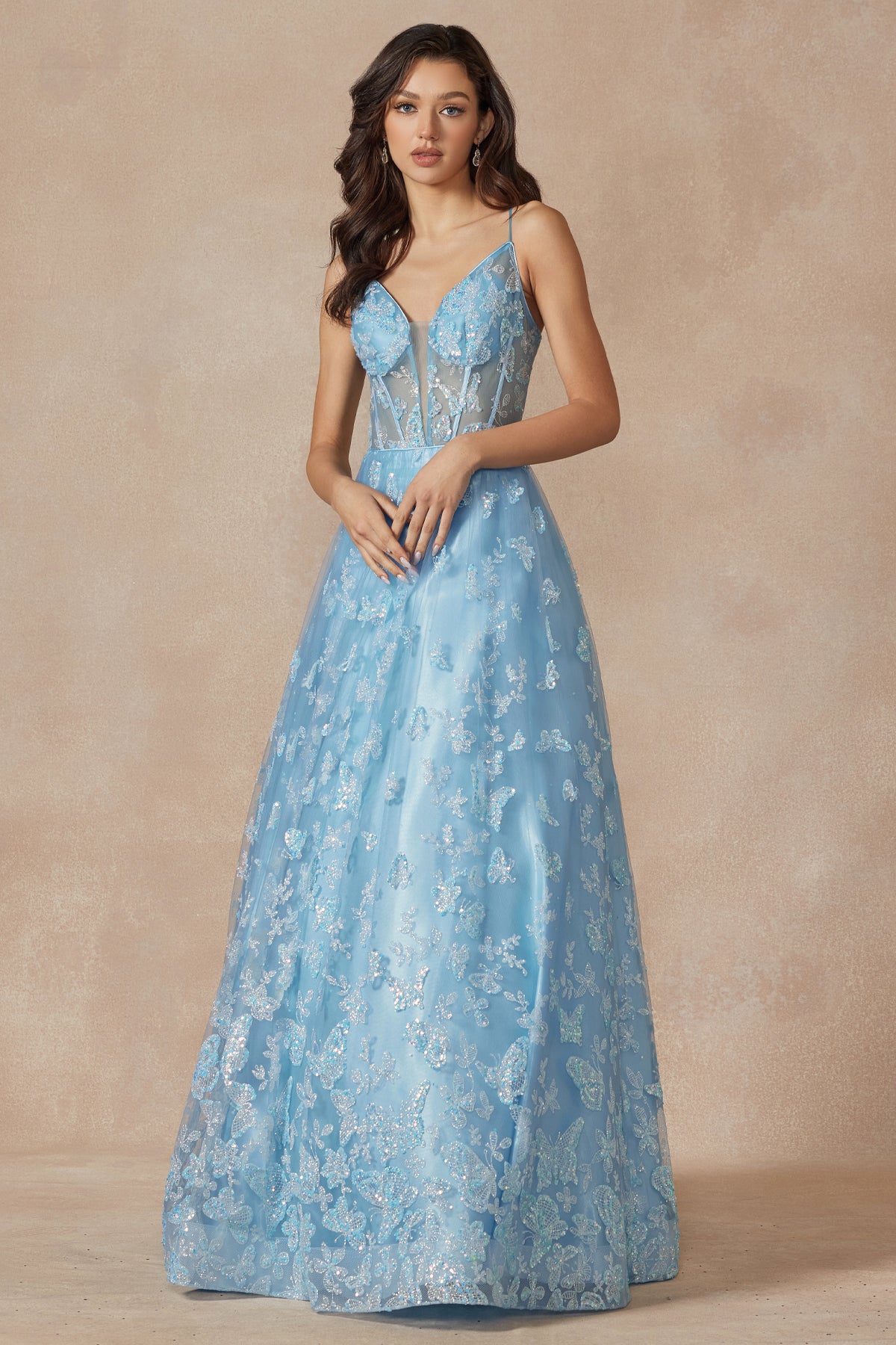 Sleeveless Glitter Butterfly Print Corset Gown by Juliet 2413