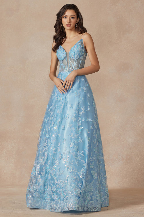 Sleeveless Glitter Butterfly Print Corset Gown by Juliet 2413