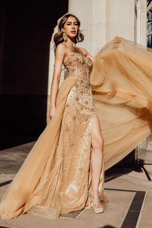 Amelia Couture Champagne Long Formal Dresses