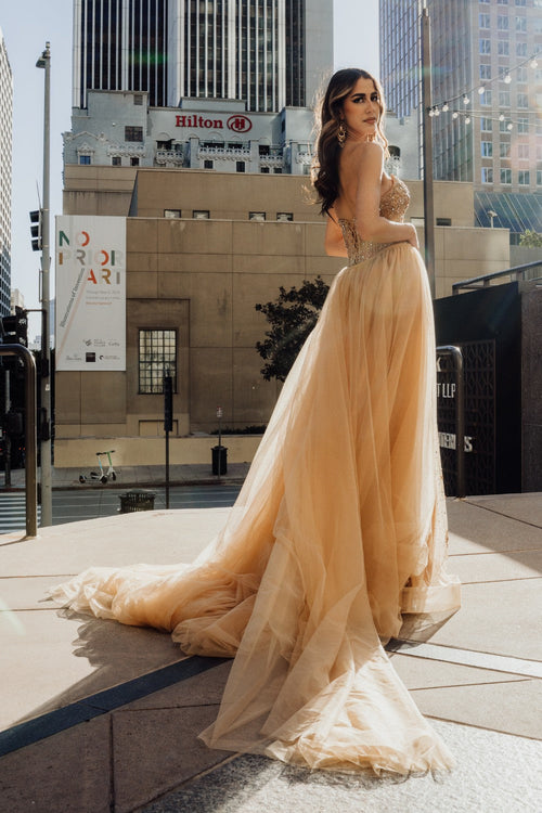 Amelia Couture Champagne Long Formal Dresses
