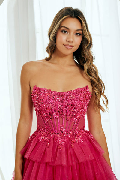 Strapless Tiered Tulle Short Cocktail Dress with Sequin Embellished Corset By Amelia Couture 9066S