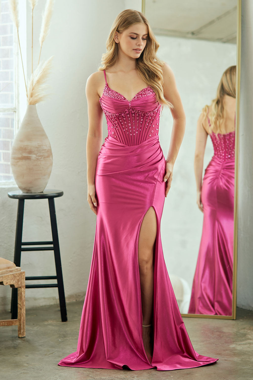 Satin Beaded Corset Evening Gown with Sheer Bodice, Sweetheart Neckline & High Slit By Amelia Couture 9067