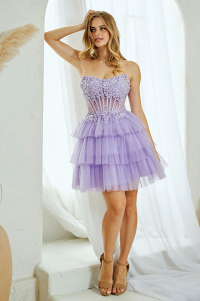 Strapless Tiered Tulle Short Cocktail Dress with Sequin Embellished Corset By Amelia Couture 9066S